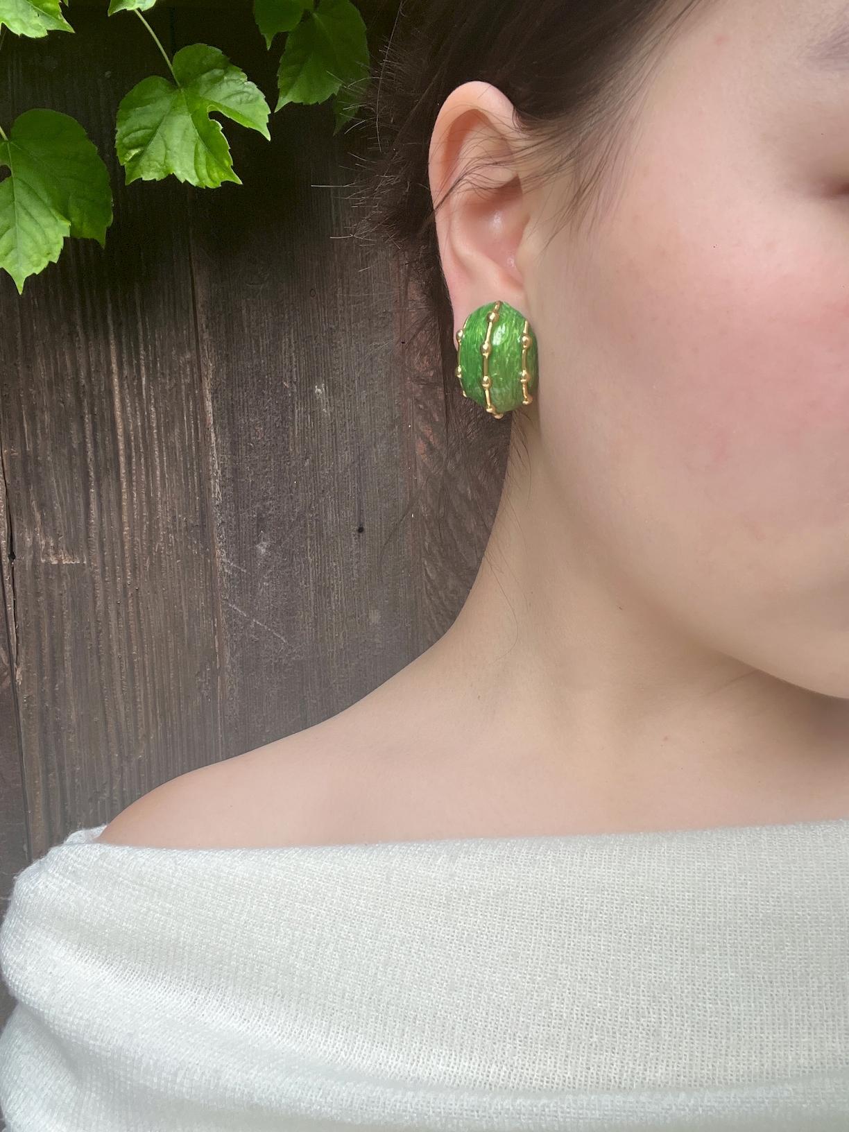 Vintage 18K Gold Green Enamel Earrings