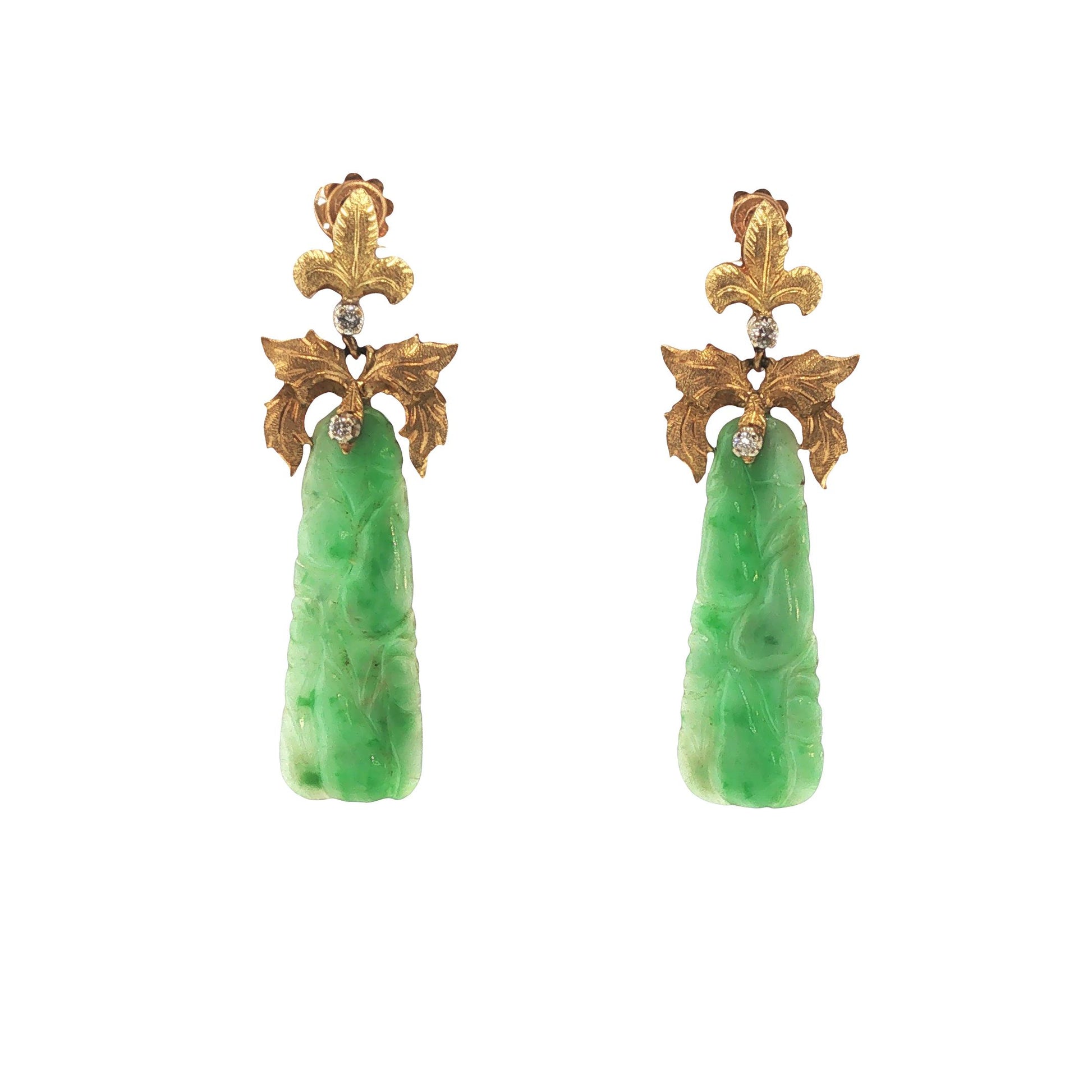 18K Gold Carved Green Jade & Diamond Pendant Earrings