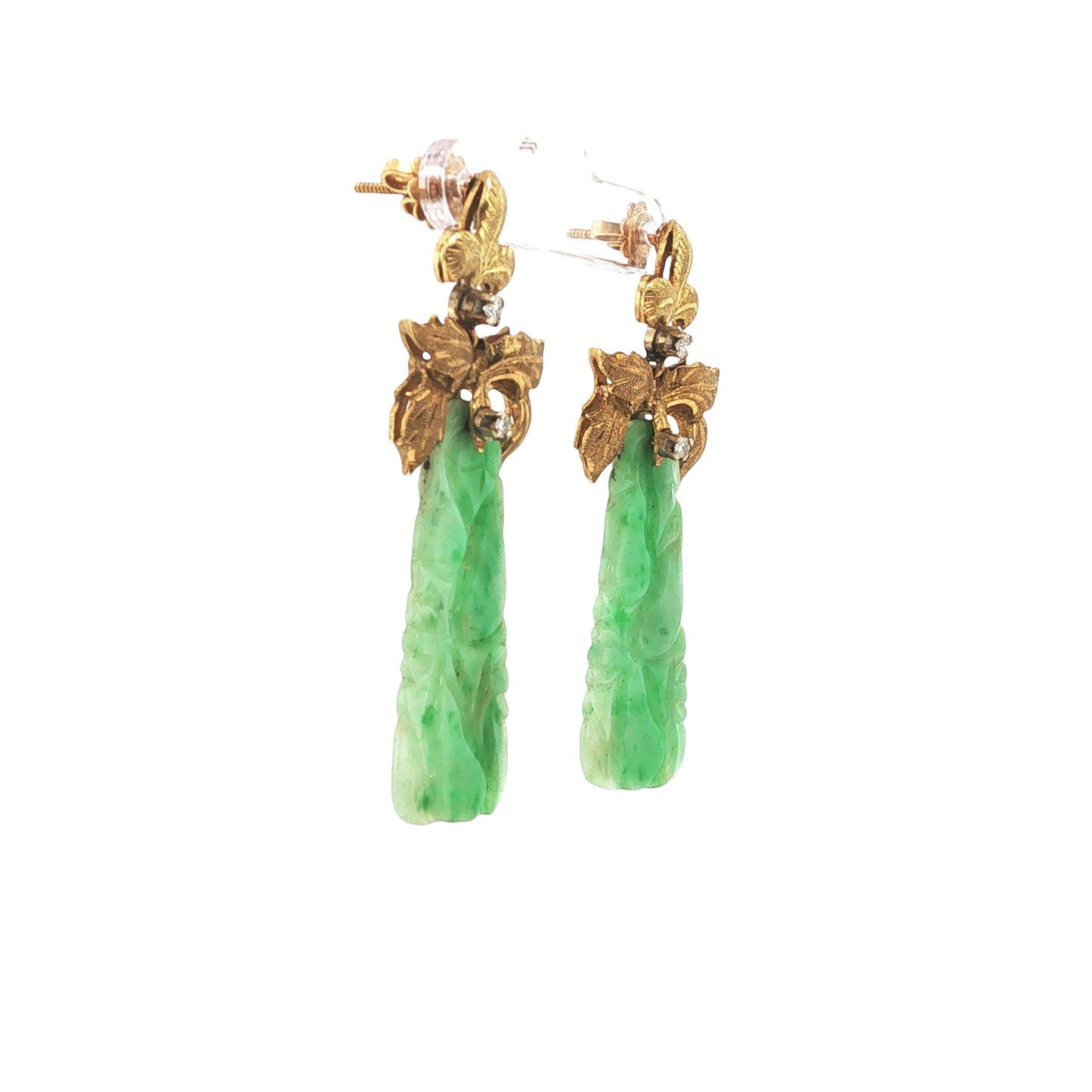 18K Gold Carved Green Jade & Diamond Pendant Earrings
