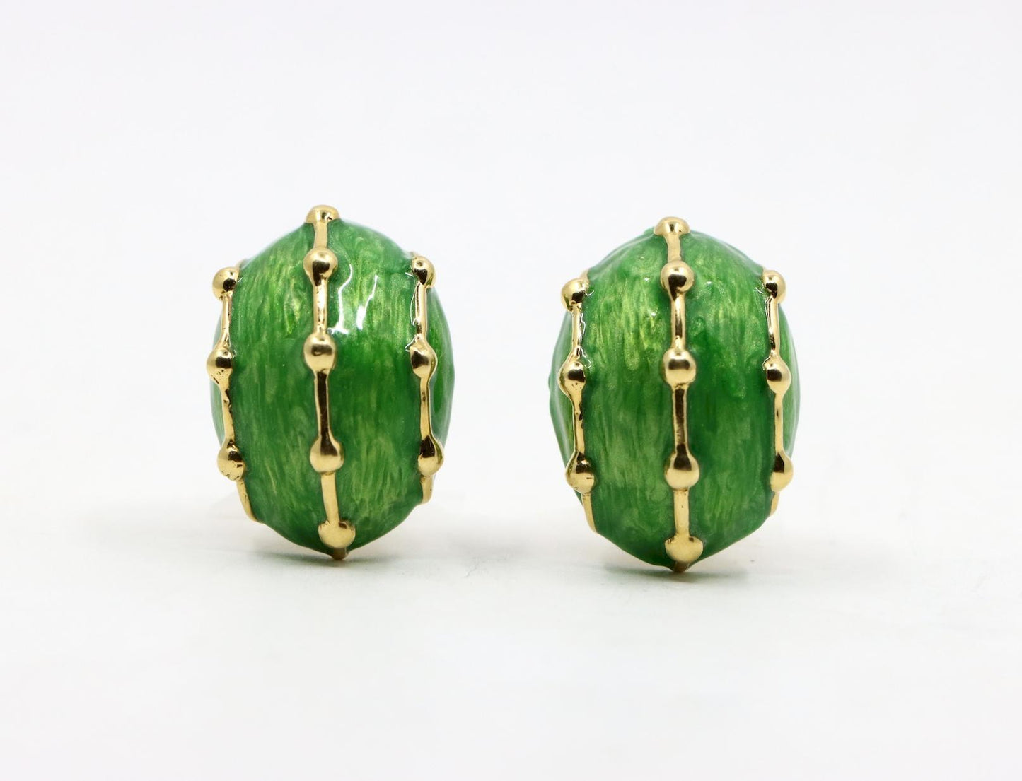 Vintage 18K Gold Green Enamel Earrings