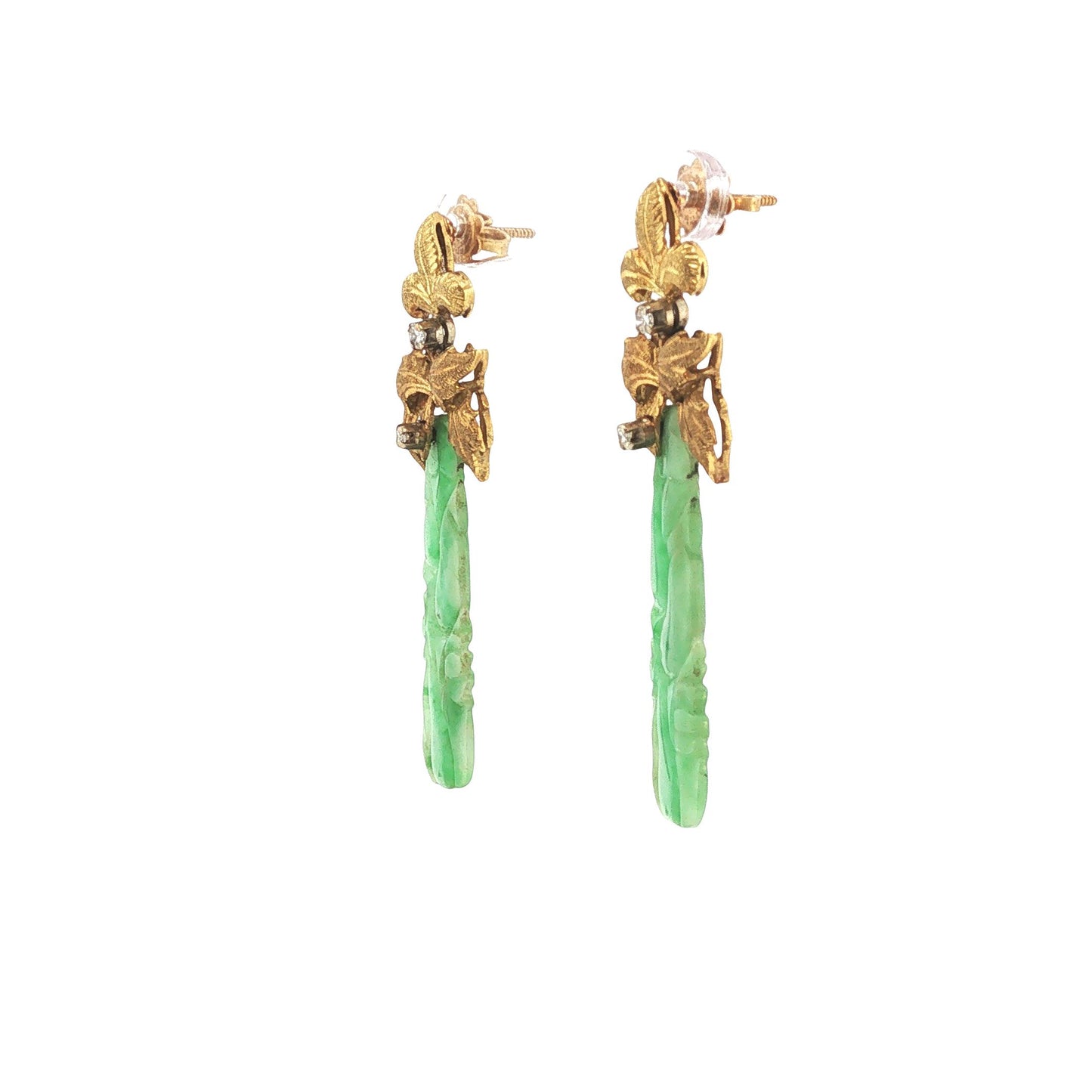 18K Gold Carved Green Jade & Diamond Pendant Earrings