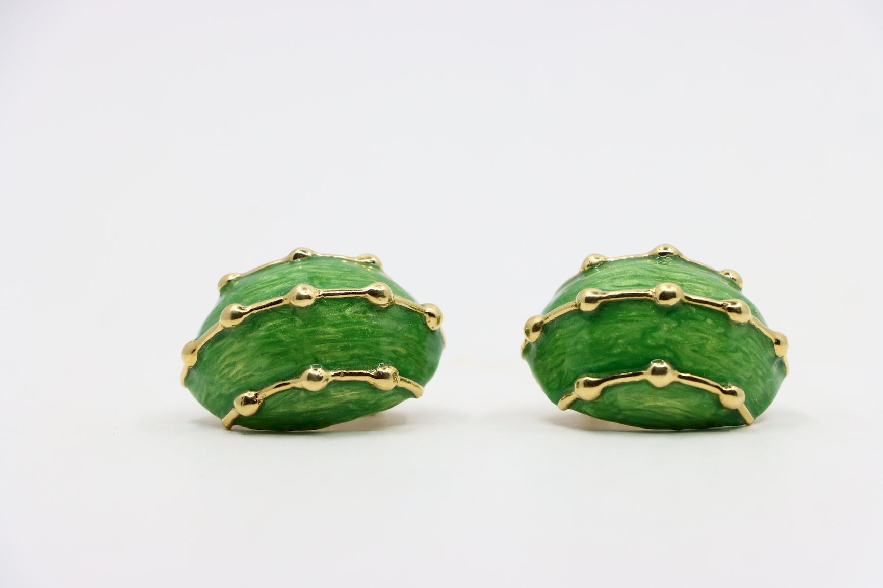 Vintage 18K Gold Green Enamel Earrings