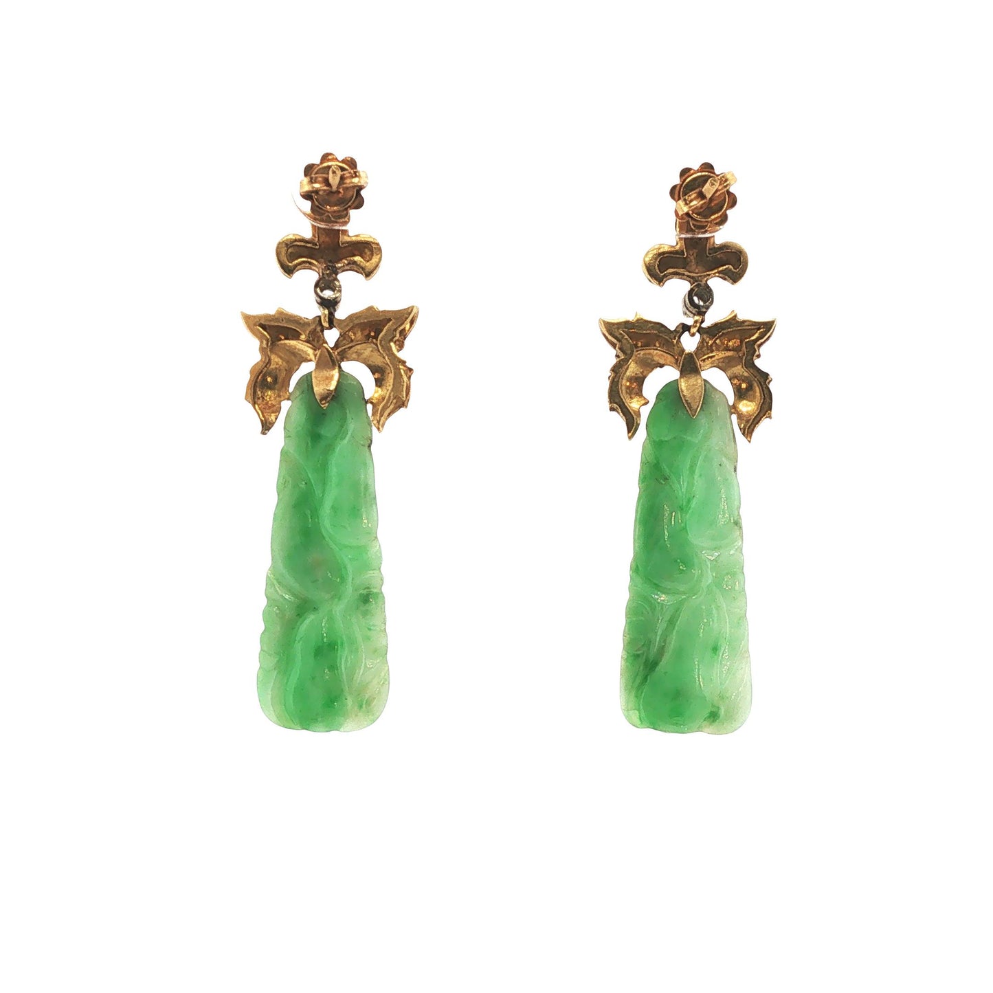 18K Gold Carved Green Jade & Diamond Pendant Earrings