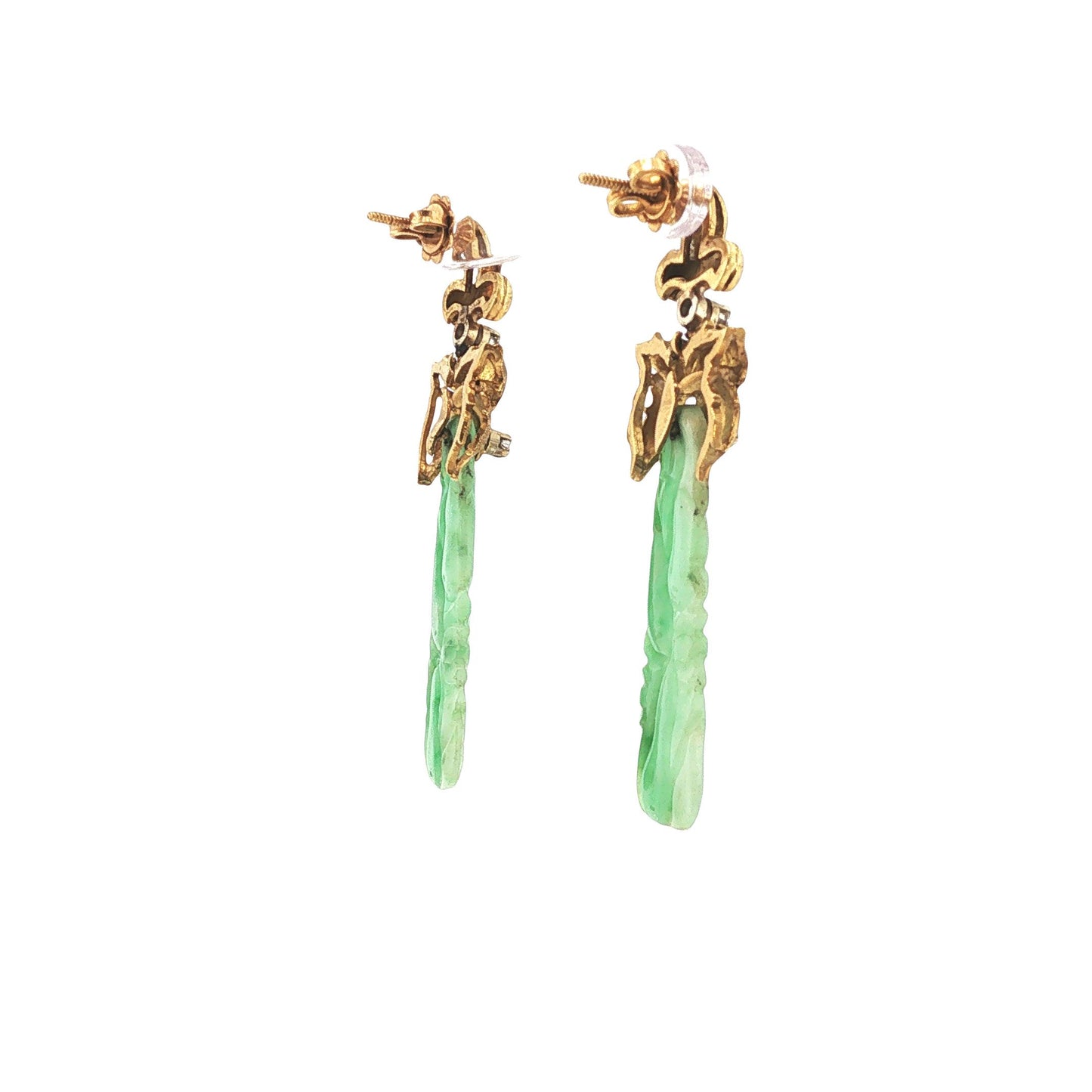18K Gold Carved Green Jade & Diamond Pendant Earrings