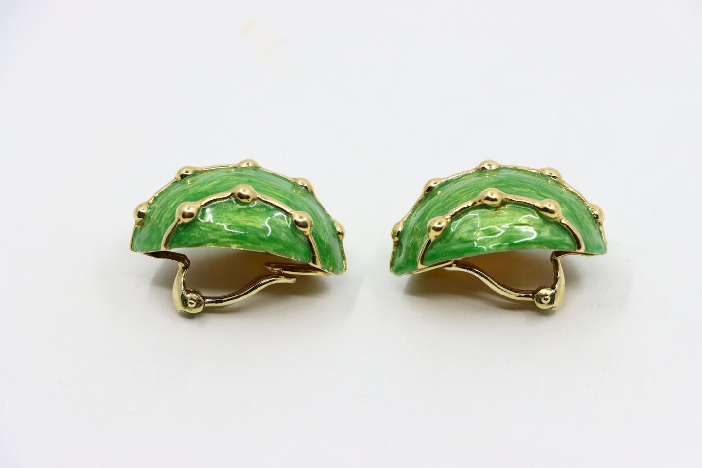 Vintage 18K Gold Green Enamel Earrings