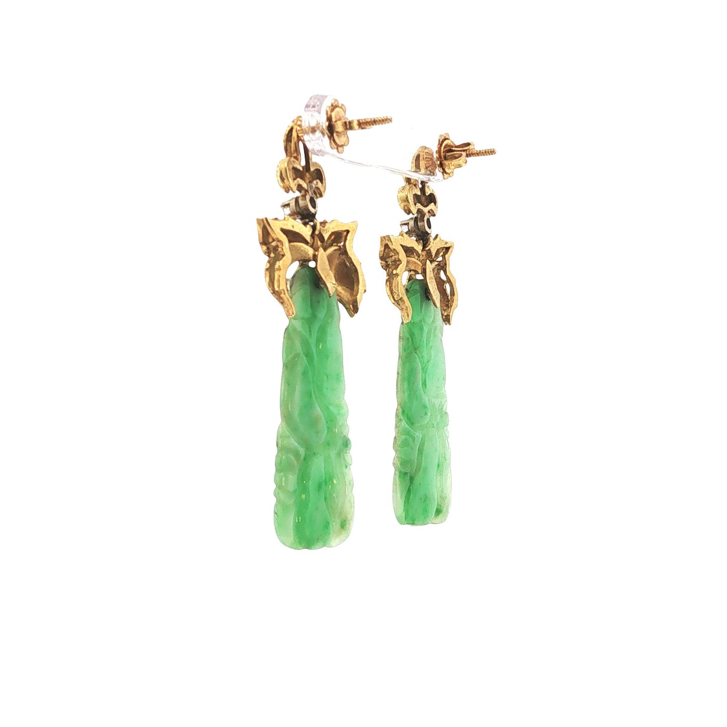18K Gold Carved Green Jade & Diamond Pendant Earrings