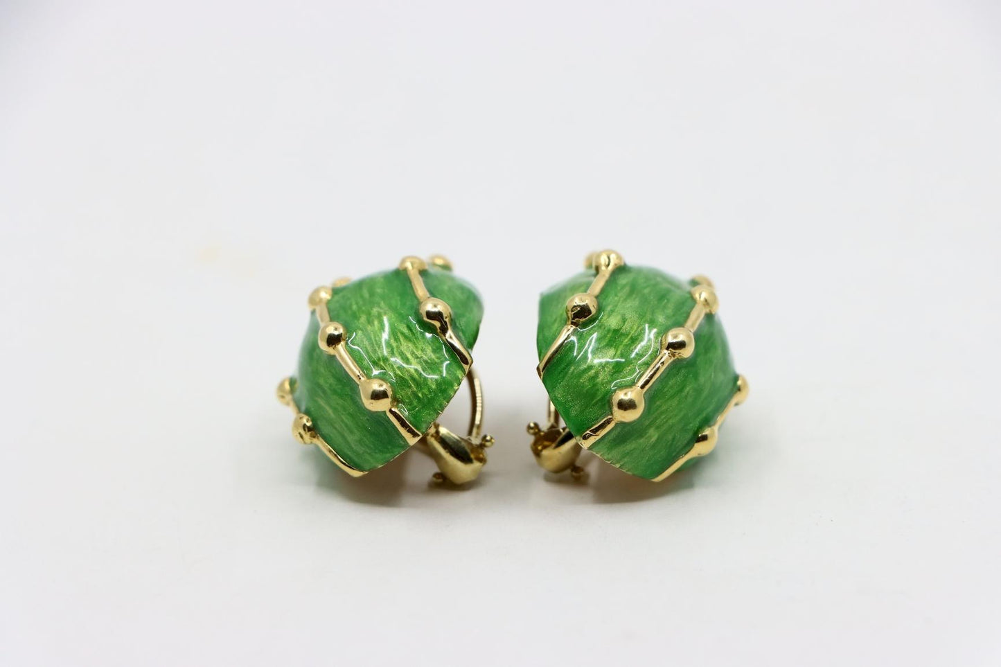 Vintage 18K Gold Green Enamel Earrings