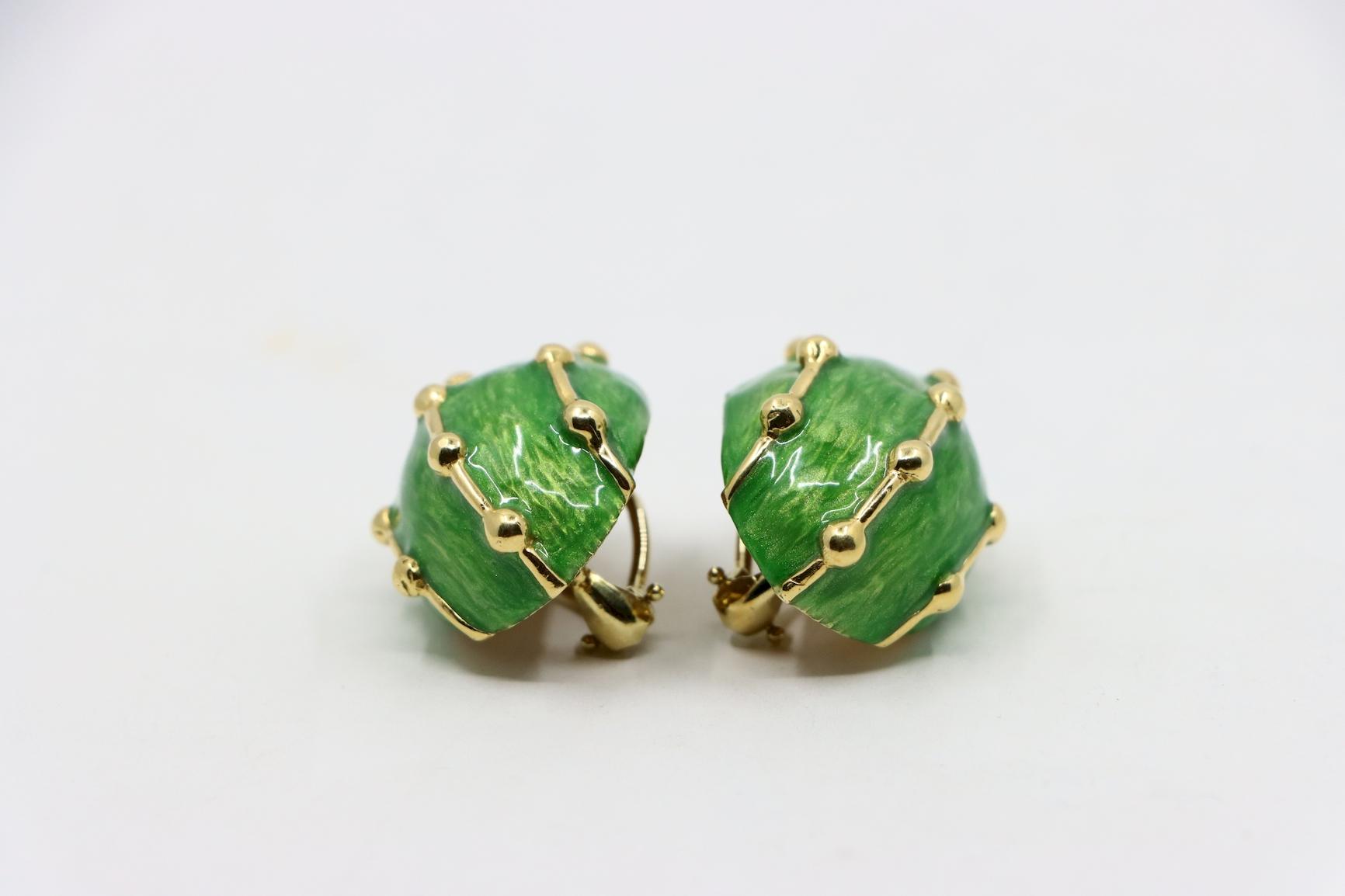 Vintage 18K Gold Green Enamel Earrings