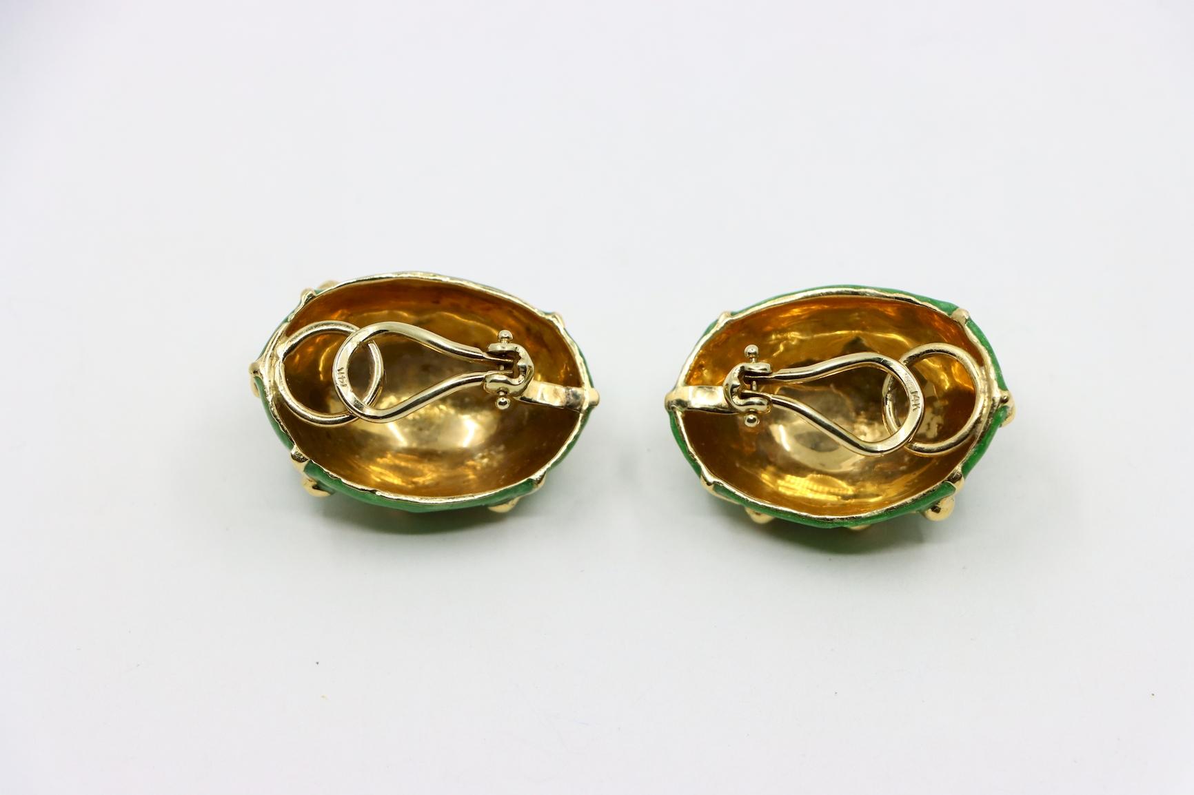 Vintage 18K Gold Green Enamel Earrings