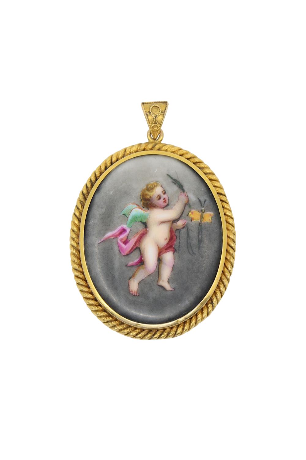 18K Sevres Porcelain Angel Locket Pendant