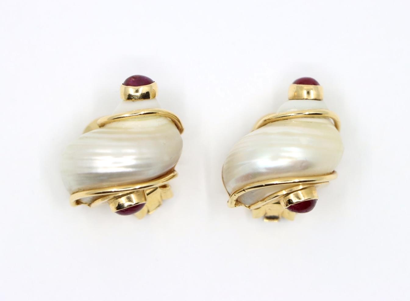 Seaman Schepps 14K Gold Ruby Turbo Shell Earrings