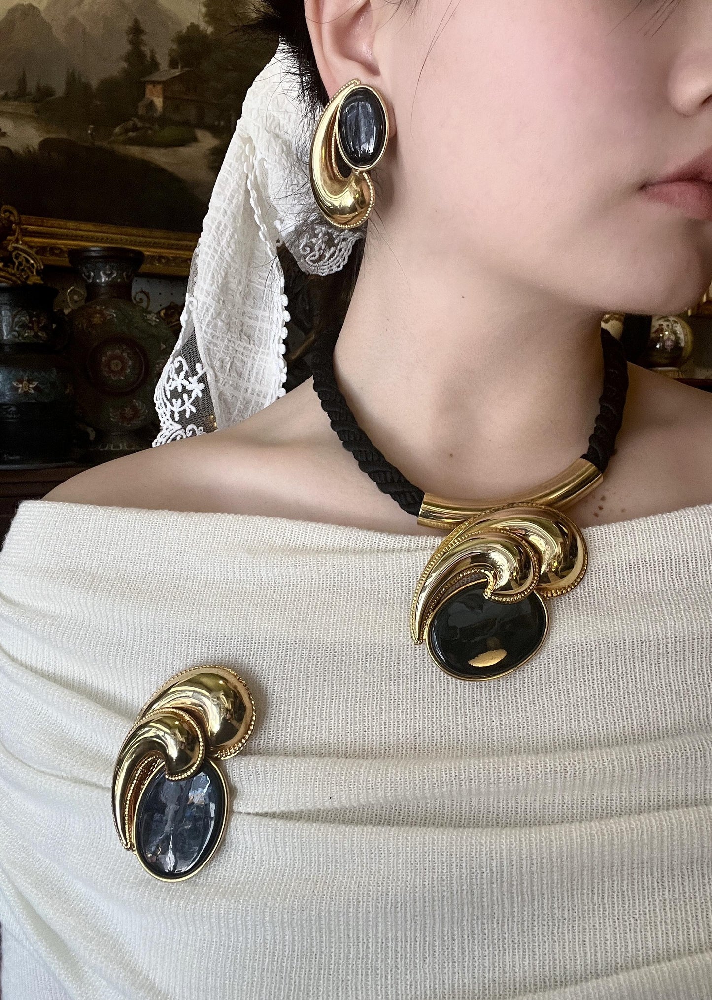 A Set Of France Vintage Gold Tone Black Woven Jewelry