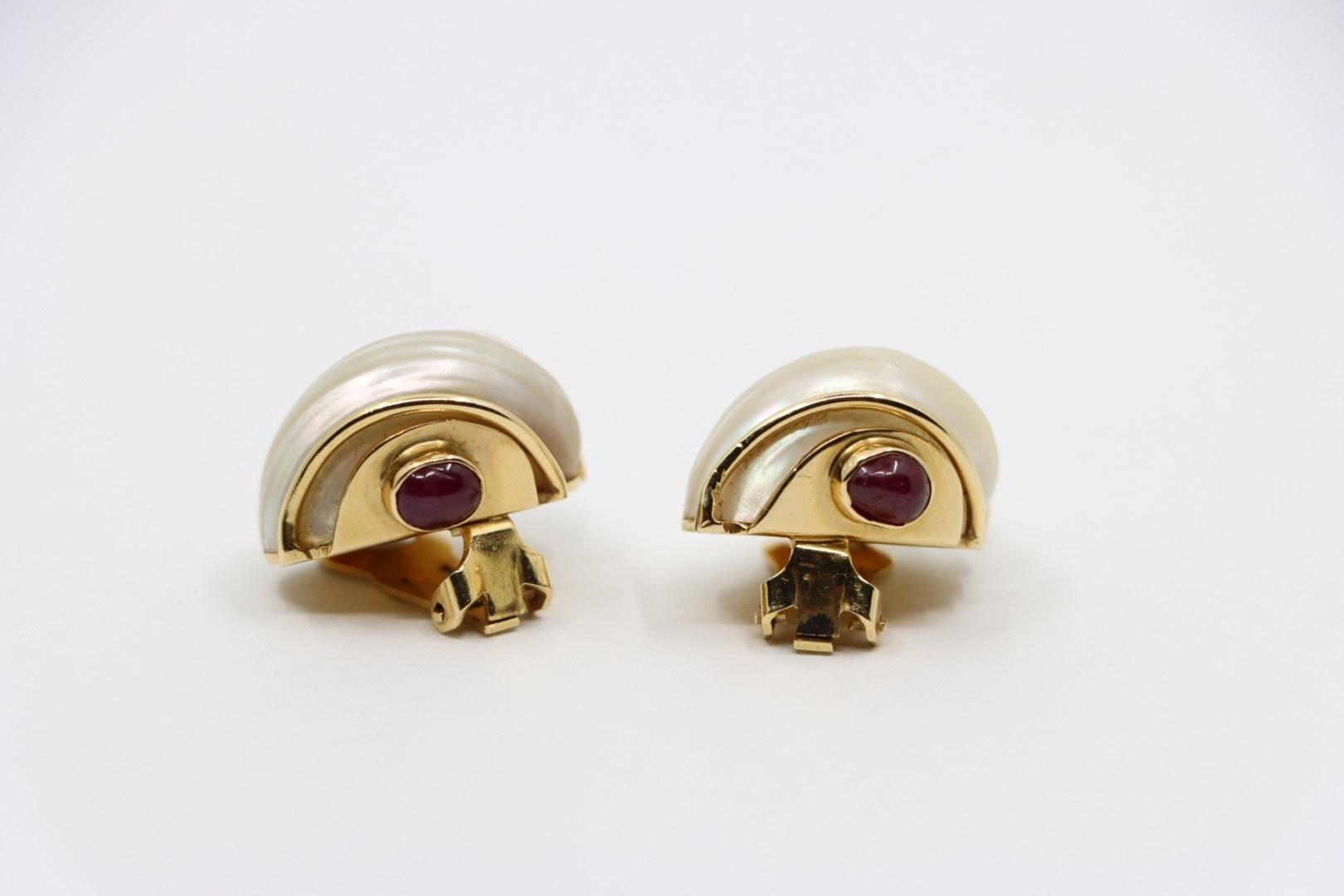 Seaman Schepps 14K Gold Ruby Turbo Shell Earrings