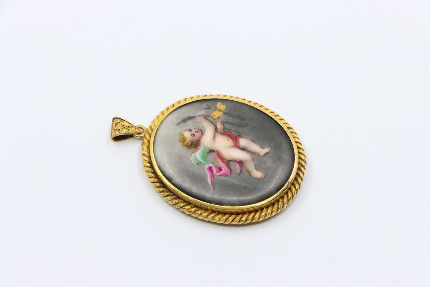 18K Sevres Porcelain Angel Locket Pendant