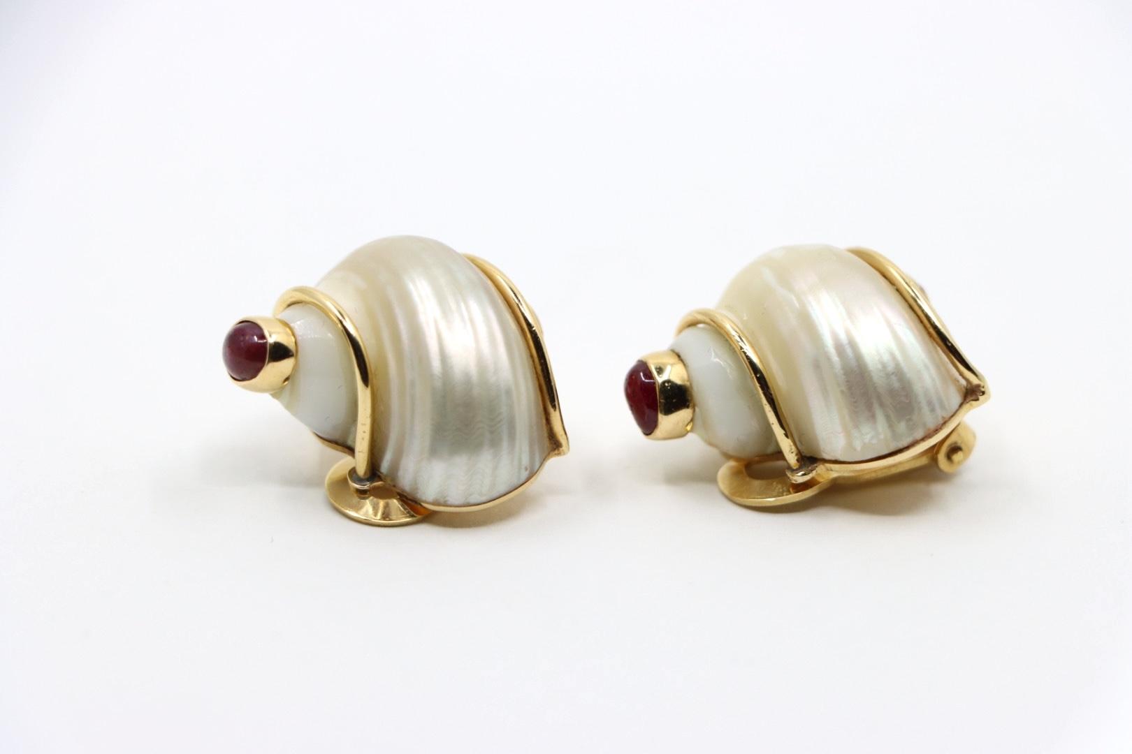 Seaman Schepps 14K Gold Ruby Turbo Shell Earrings