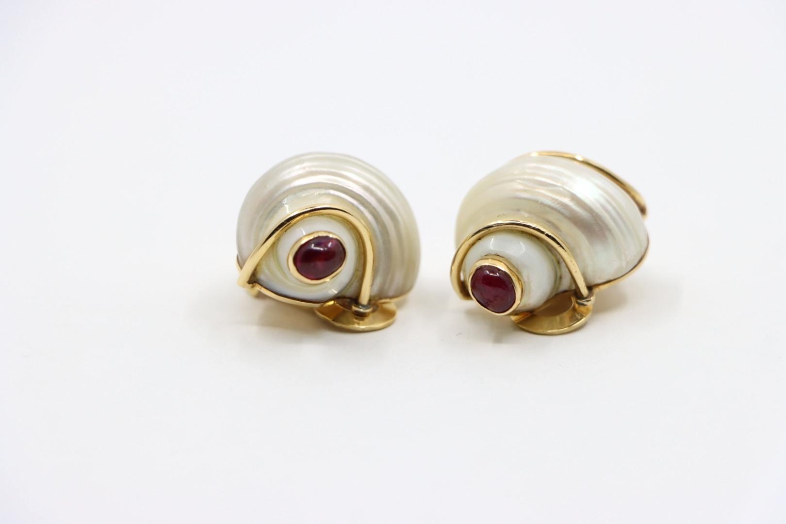 Seaman Schepps 14K Gold Ruby Turbo Shell Earrings