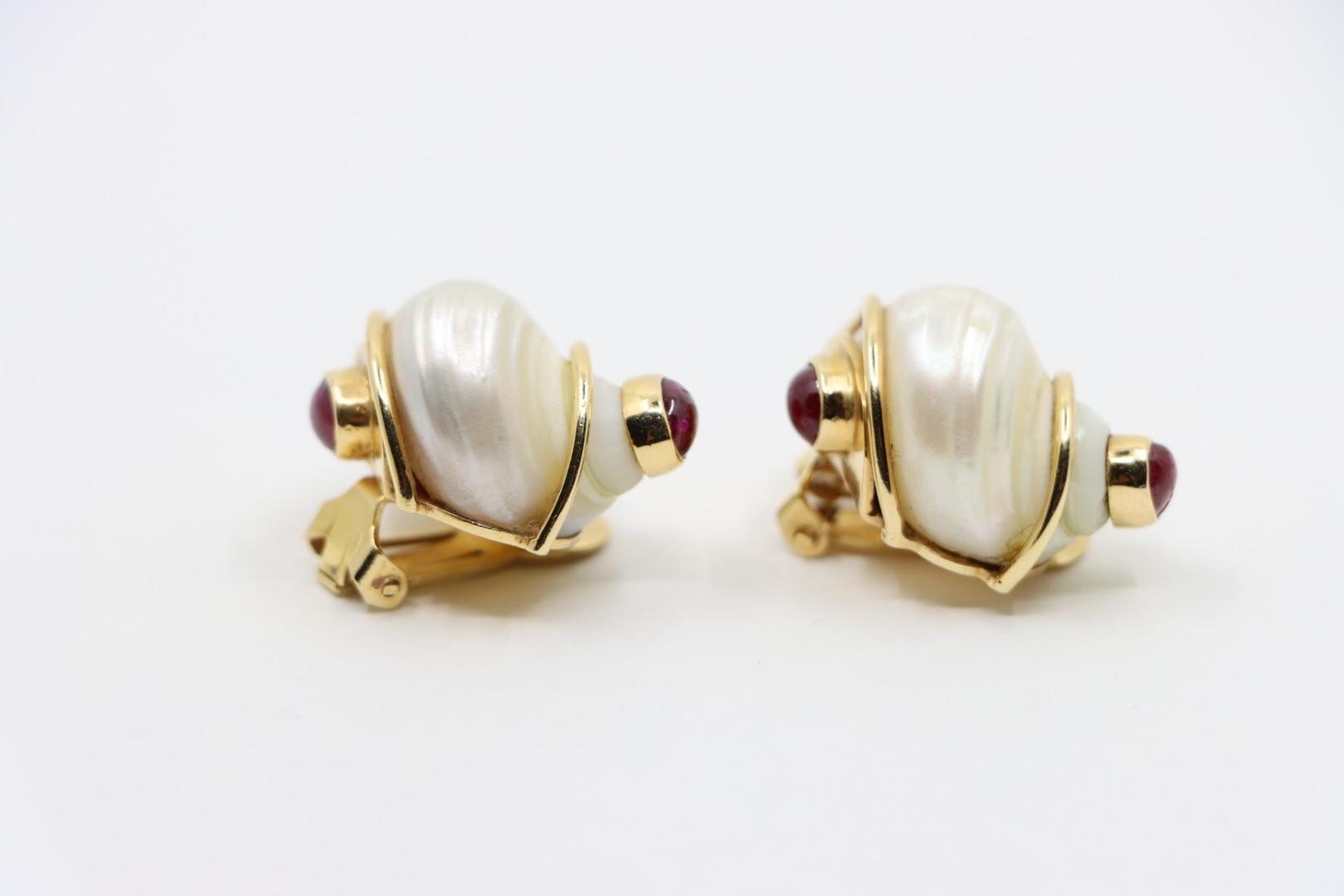 Seaman Schepps 14K Gold Ruby Turbo Shell Earrings