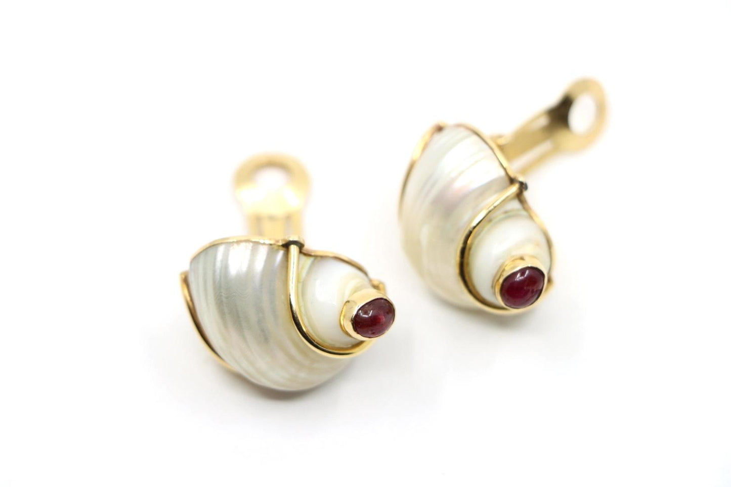 Seaman Schepps 14K Gold Ruby Turbo Shell Earrings