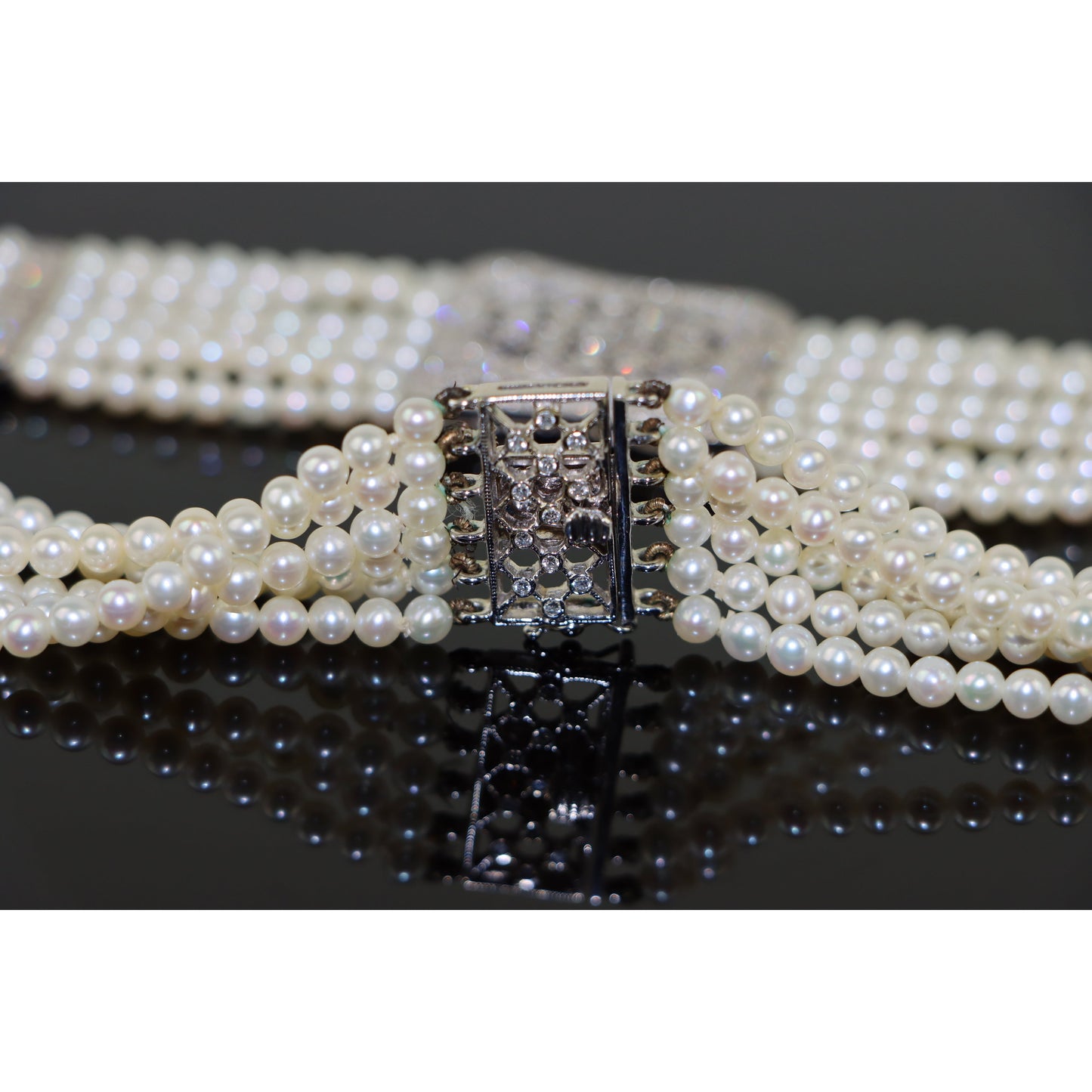 18K White Gold Diamond Multi-Strand Pearl Necklace