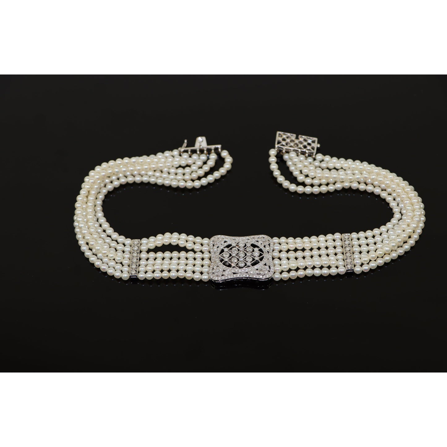 18K White Gold Diamond Multi-Strand Pearl Necklace