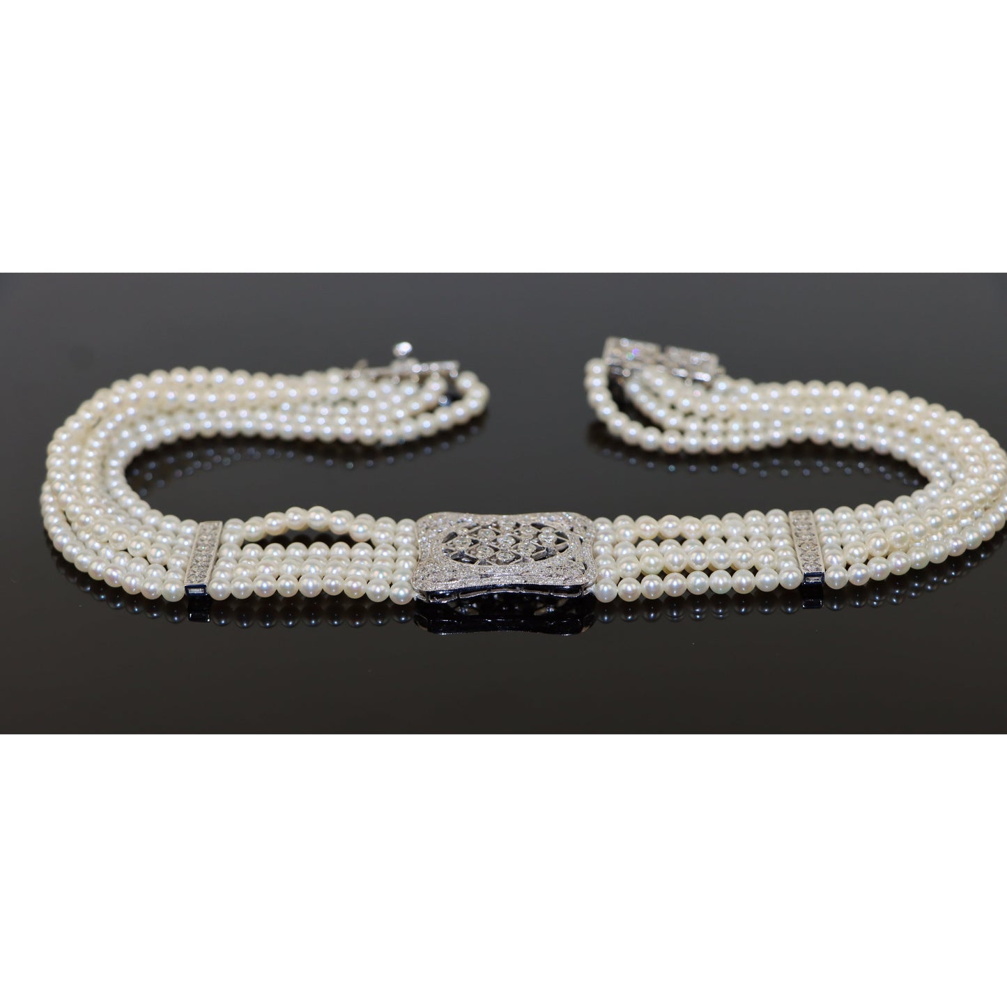 18K White Gold Diamond Multi-Strand Pearl Necklace