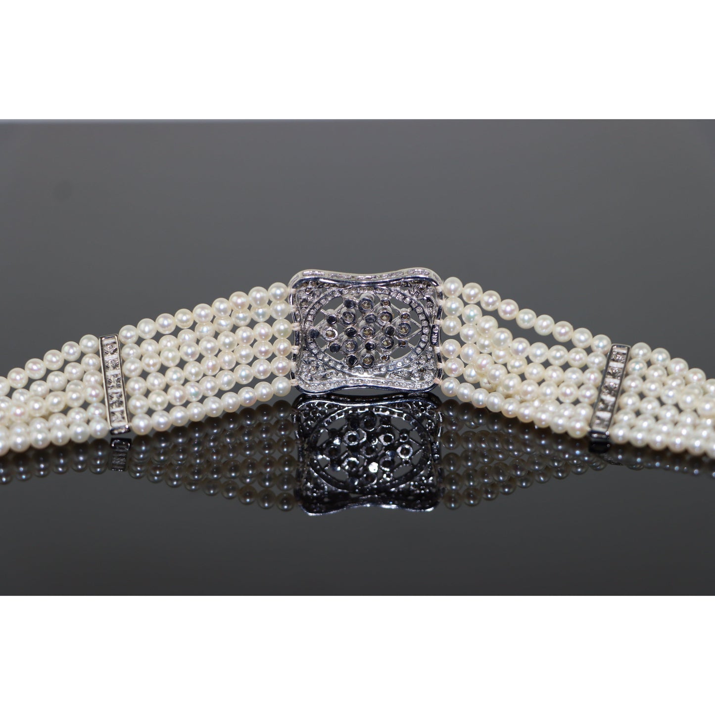 18K White Gold Diamond Multi-Strand Pearl Necklace