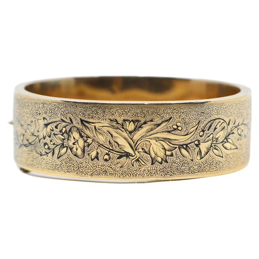 Victorian Engraved Enamel 14K Gold Bangle Bracelet