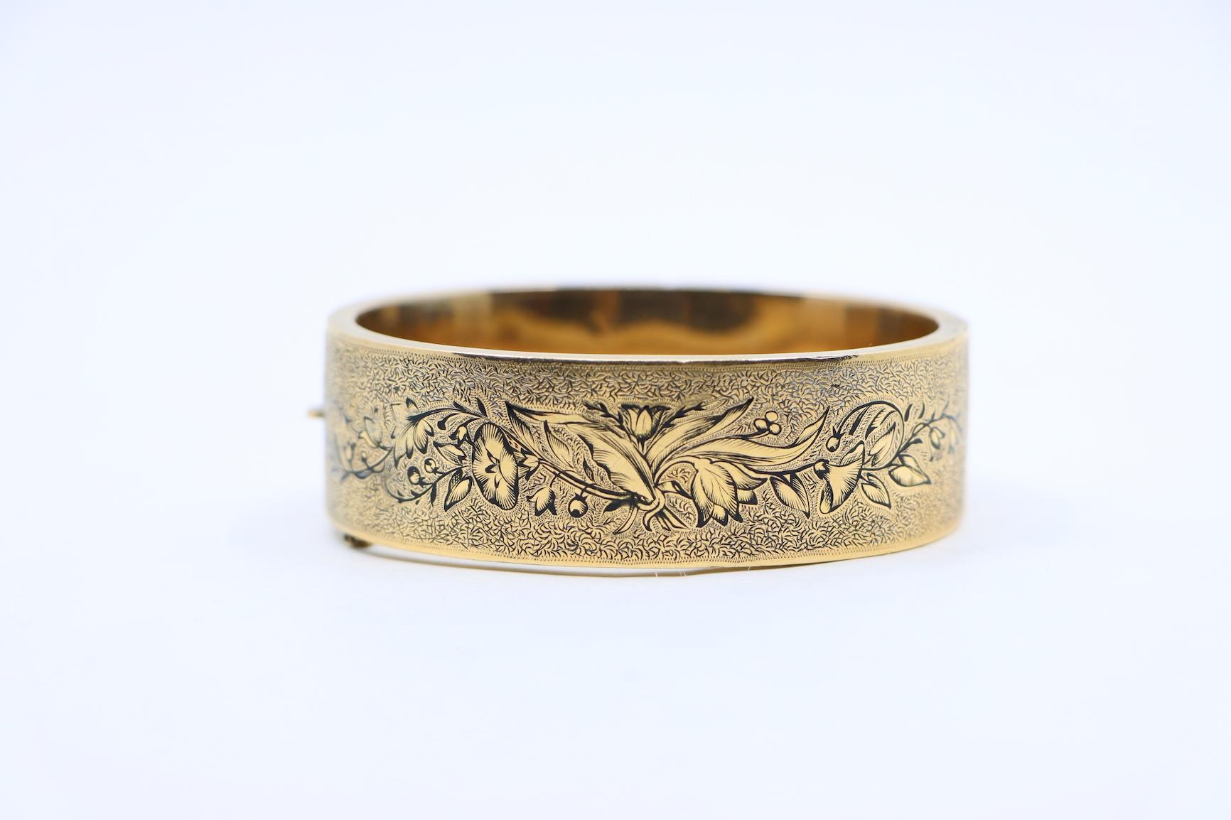 Victorian Engraved Enamel 14K Gold Bangle Bracelet