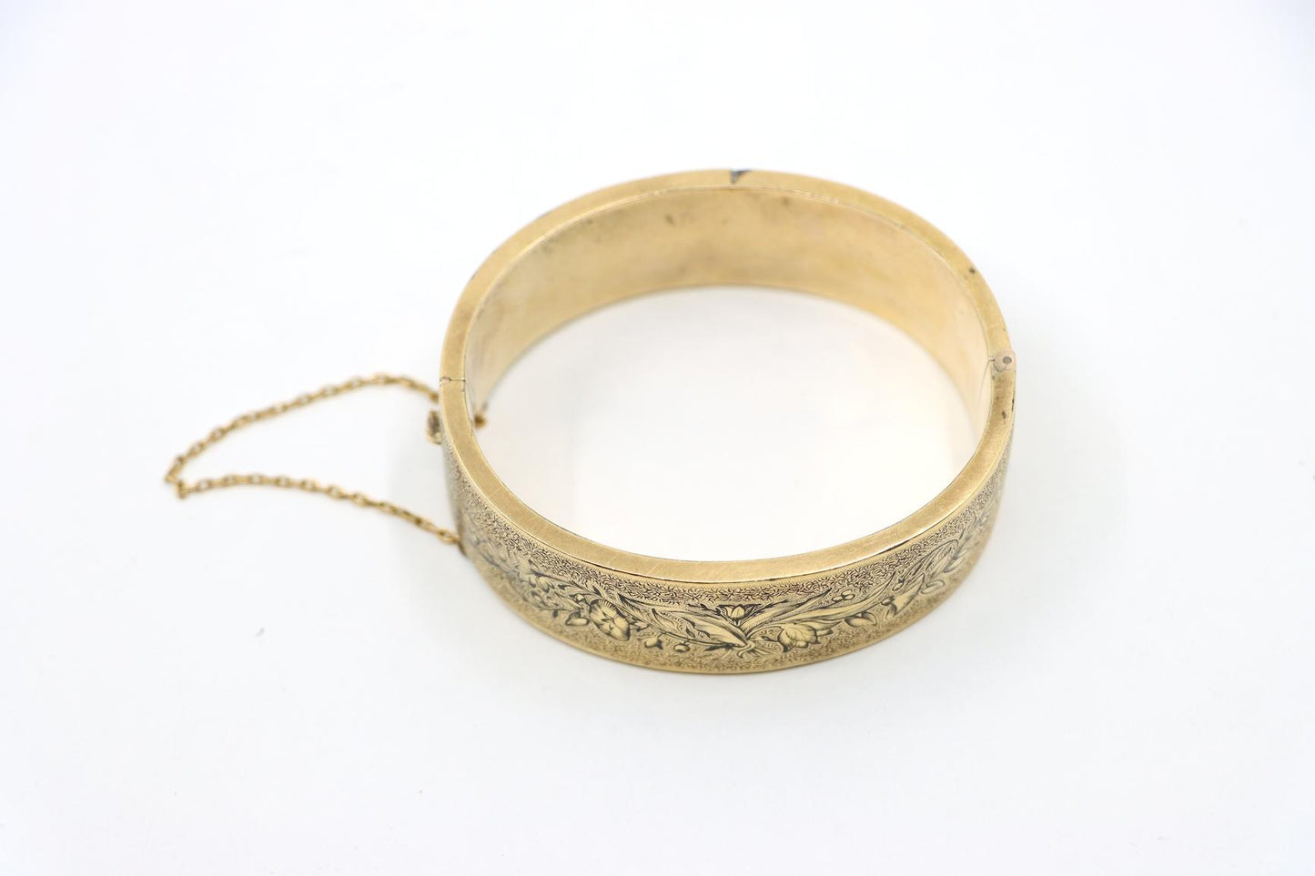 Victorian Engraved Enamel 14K Gold Bangle Bracelet