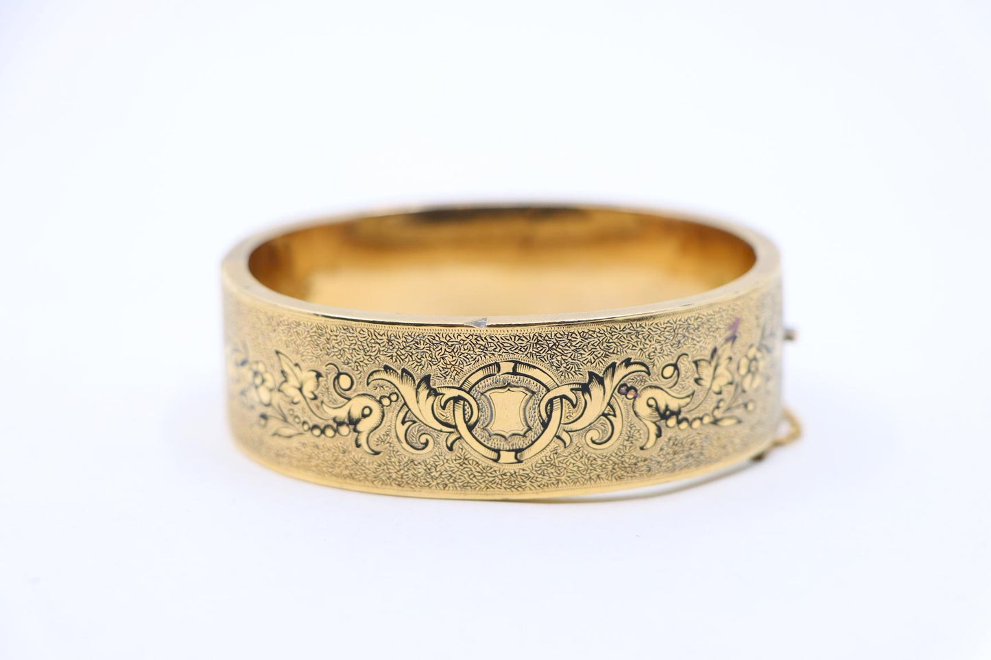 Victorian Engraved Enamel 14K Gold Bangle Bracelet