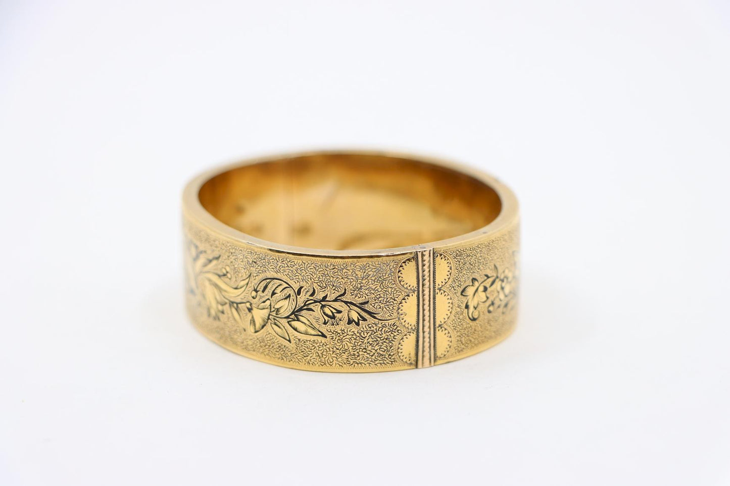 Victorian Engraved Enamel 14K Gold Bangle Bracelet