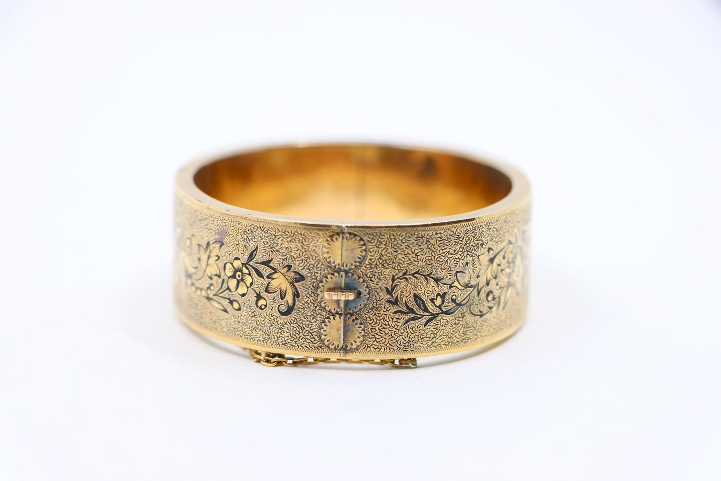 Victorian Engraved Enamel 14K Gold Bangle Bracelet