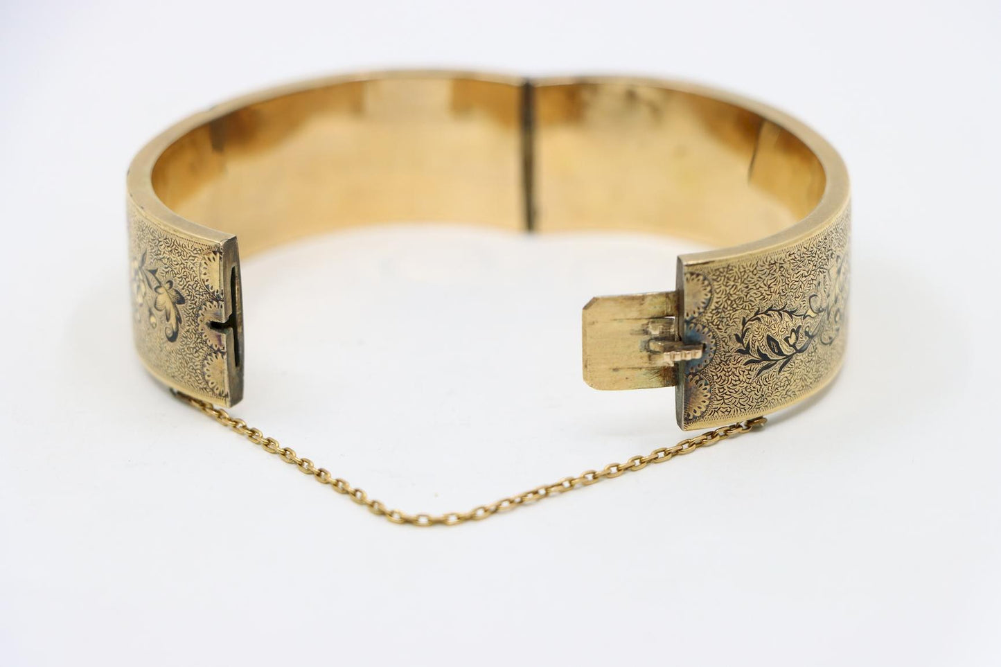 Victorian Engraved Enamel 14K Gold Bangle Bracelet