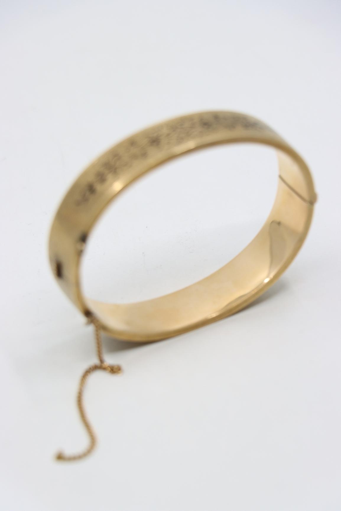 Victorian Engraved Enamel 14K Gold Bangle Bracelet