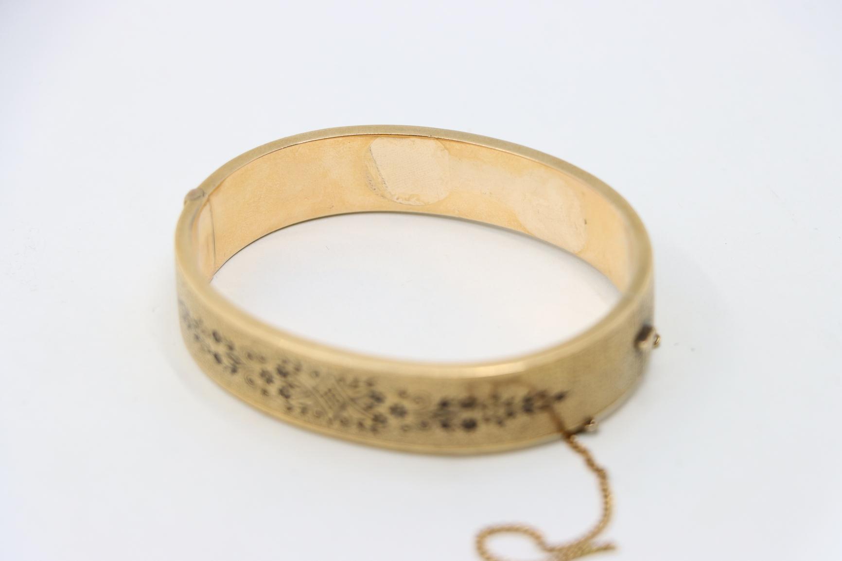 Victorian Engraved Enamel 14K Gold Bangle Bracelet