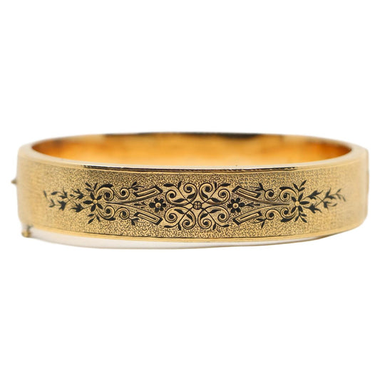 Victorian Engraved Enamel 14K Gold Bangle Bracelet