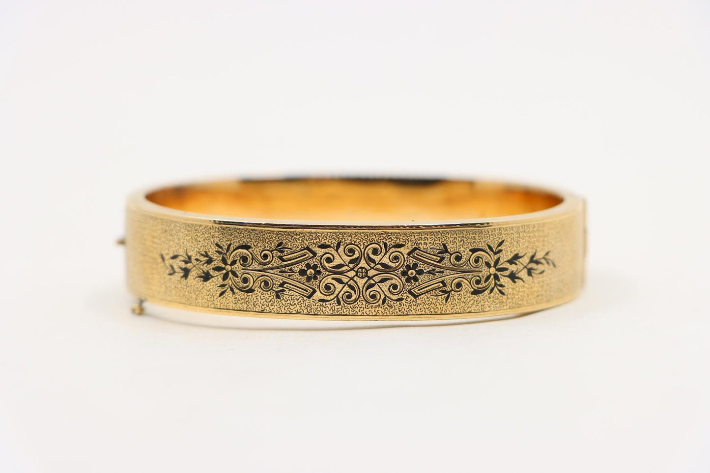 Victorian Engraved Enamel 14K Gold Bangle Bracelet