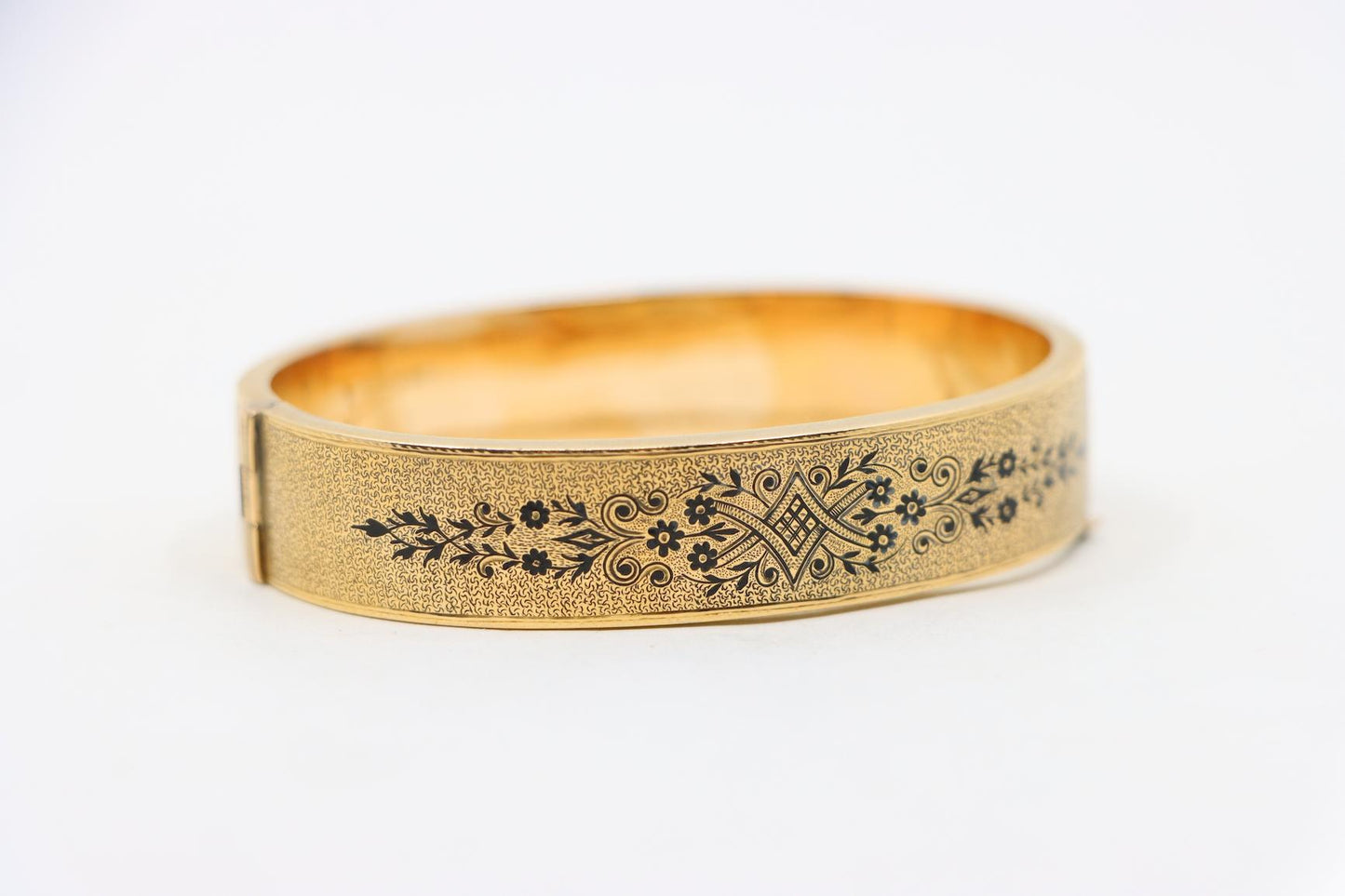 Victorian Engraved Enamel 14K Gold Bangle Bracelet