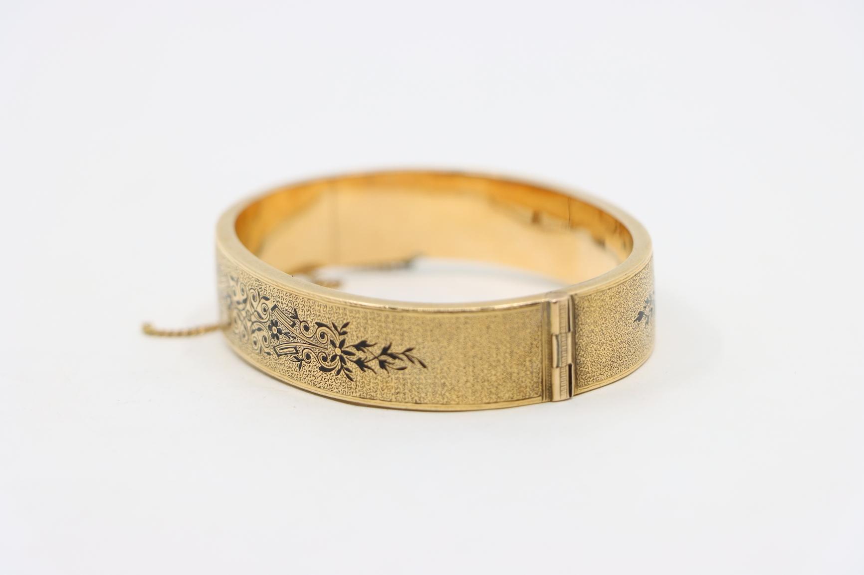 Victorian Engraved Enamel 14K Gold Bangle Bracelet