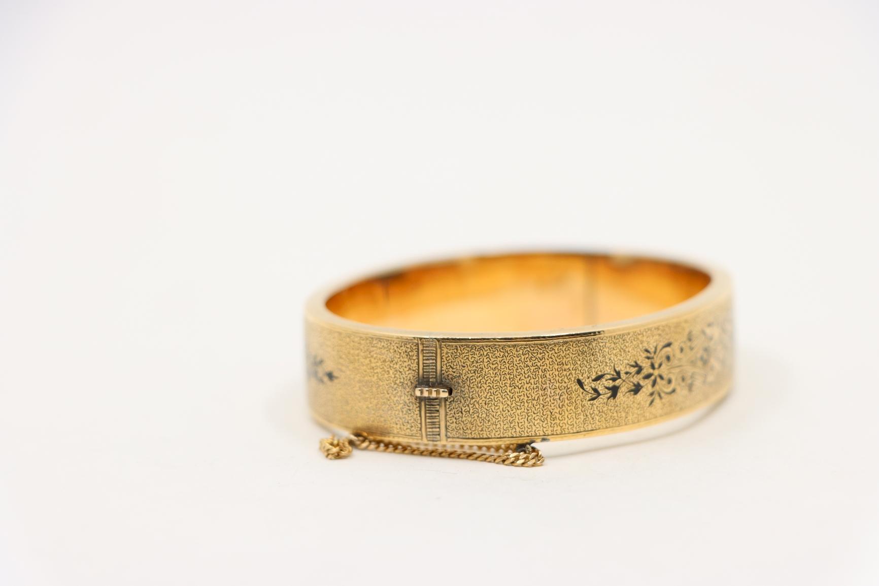 Victorian Engraved Enamel 14K Gold Bangle Bracelet