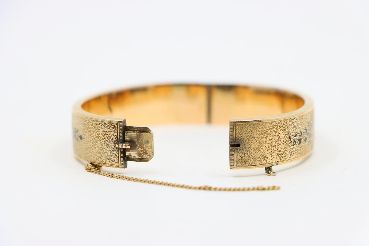 Victorian Engraved Enamel 14K Gold Bangle Bracelet