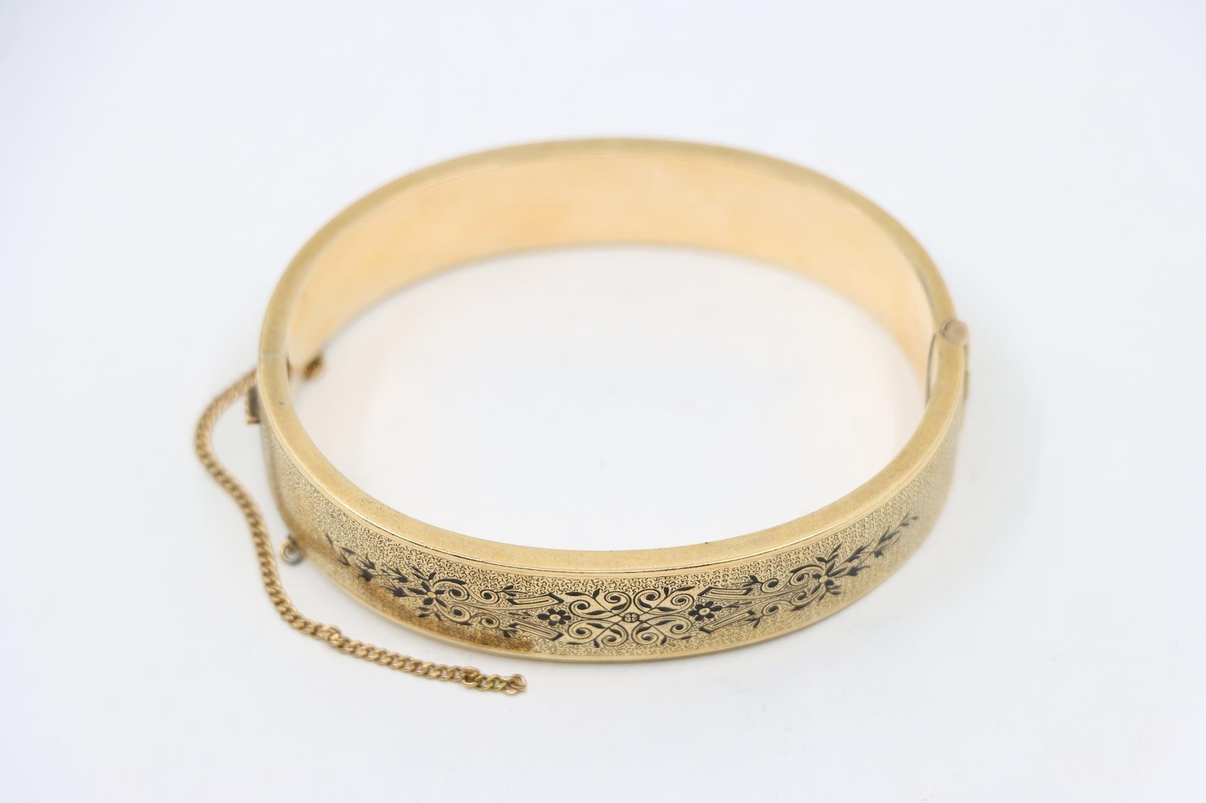 Victorian Engraved Enamel 14K Gold Bangle Bracelet