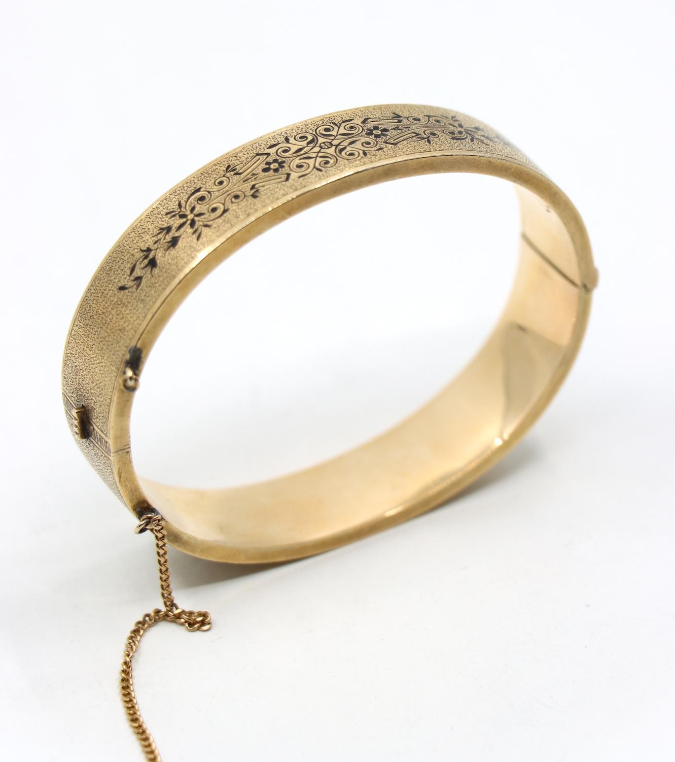 Victorian Engraved Enamel 14K Gold Bangle Bracelet