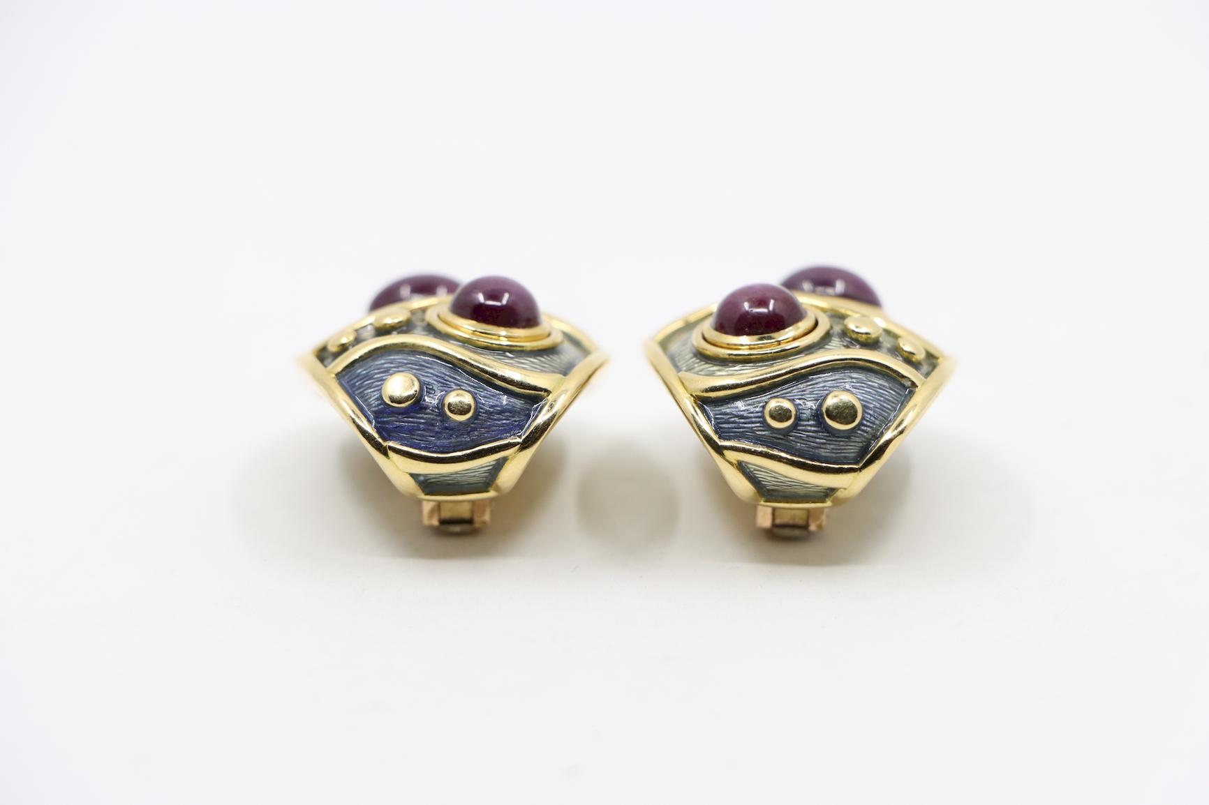 Leo De Vroomen Star Ruby and Enamel Ear Clips 18K Gold