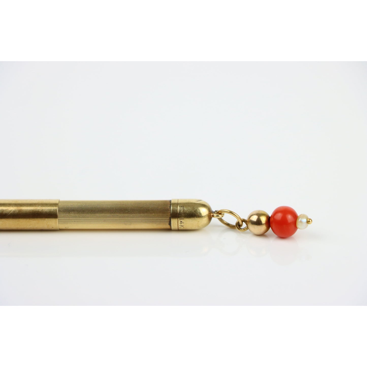 Antique Louis Tamis & Son 14K Gold Retractable Pencil Coral Pearl Pendant