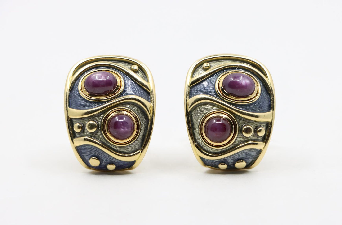 Leo De Vroomen Star Ruby and Enamel Ear Clips 18K Gold