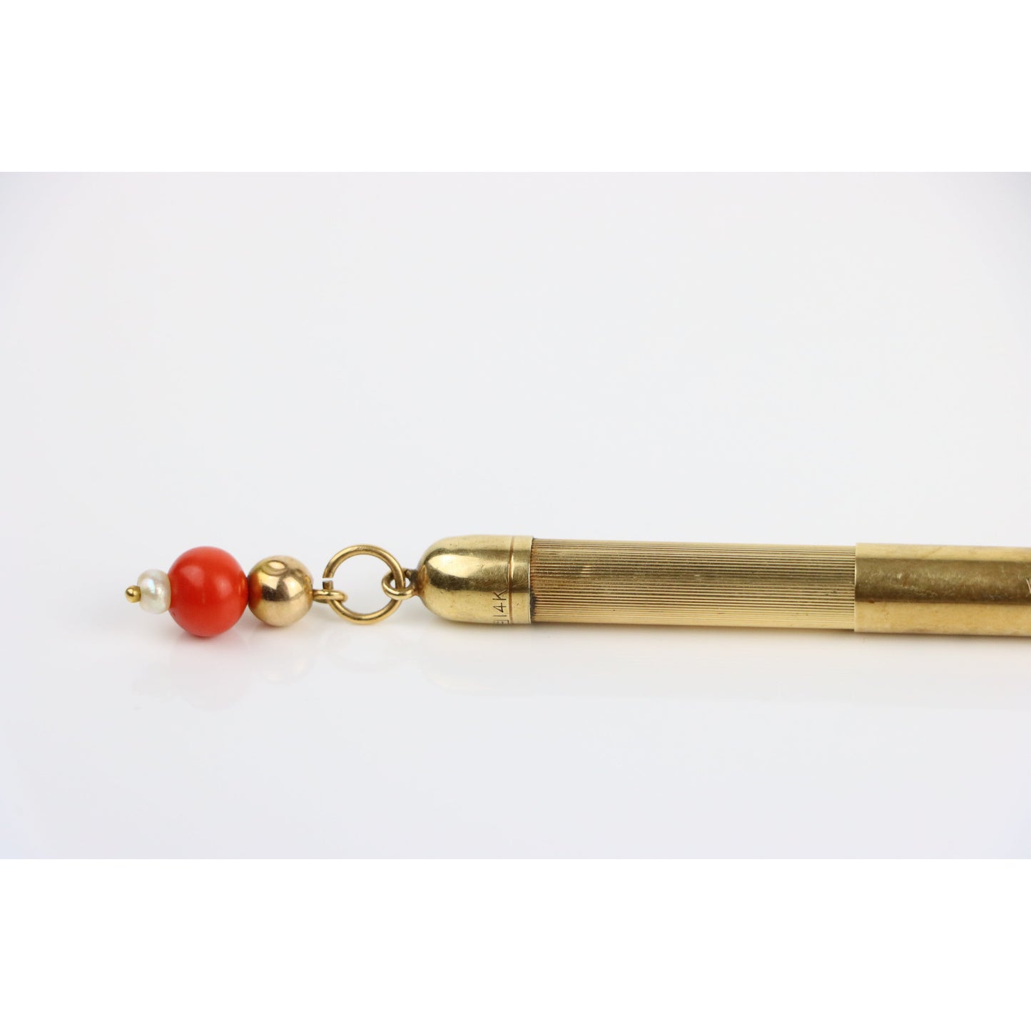 Antique Louis Tamis & Son 14K Gold Retractable Pencil Coral Pearl Pendant