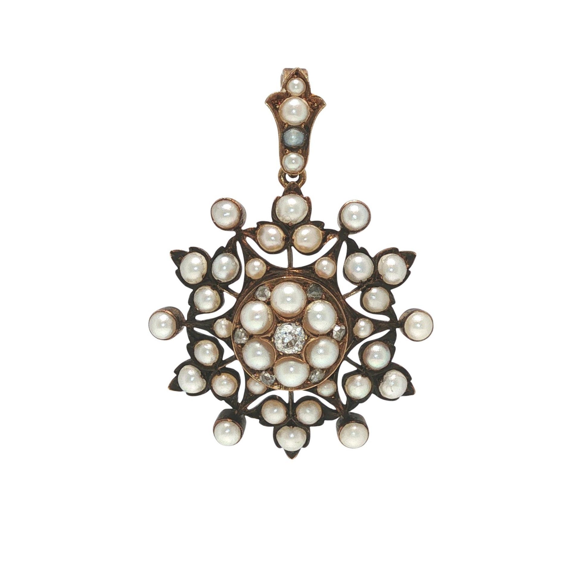 Victorian 14K Gold Pearl and Diamond Starburst Pendant