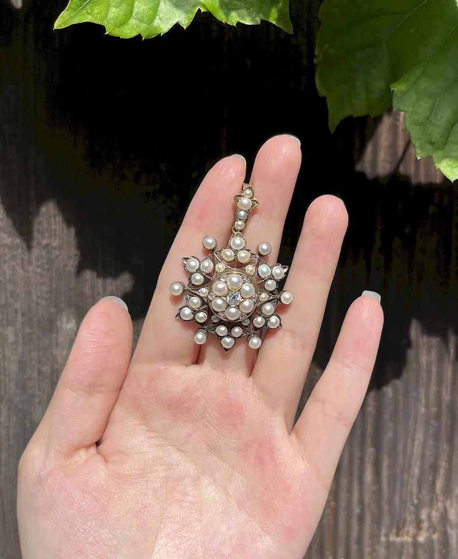 Victorian 14K Gold Pearl and Diamond Starburst Pendant