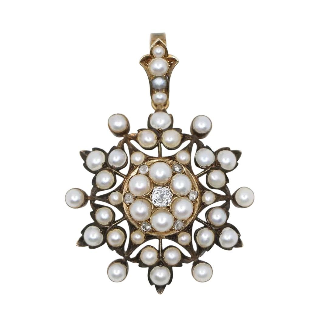 Victorian 14K Gold Pearl and Diamond Starburst Pendant